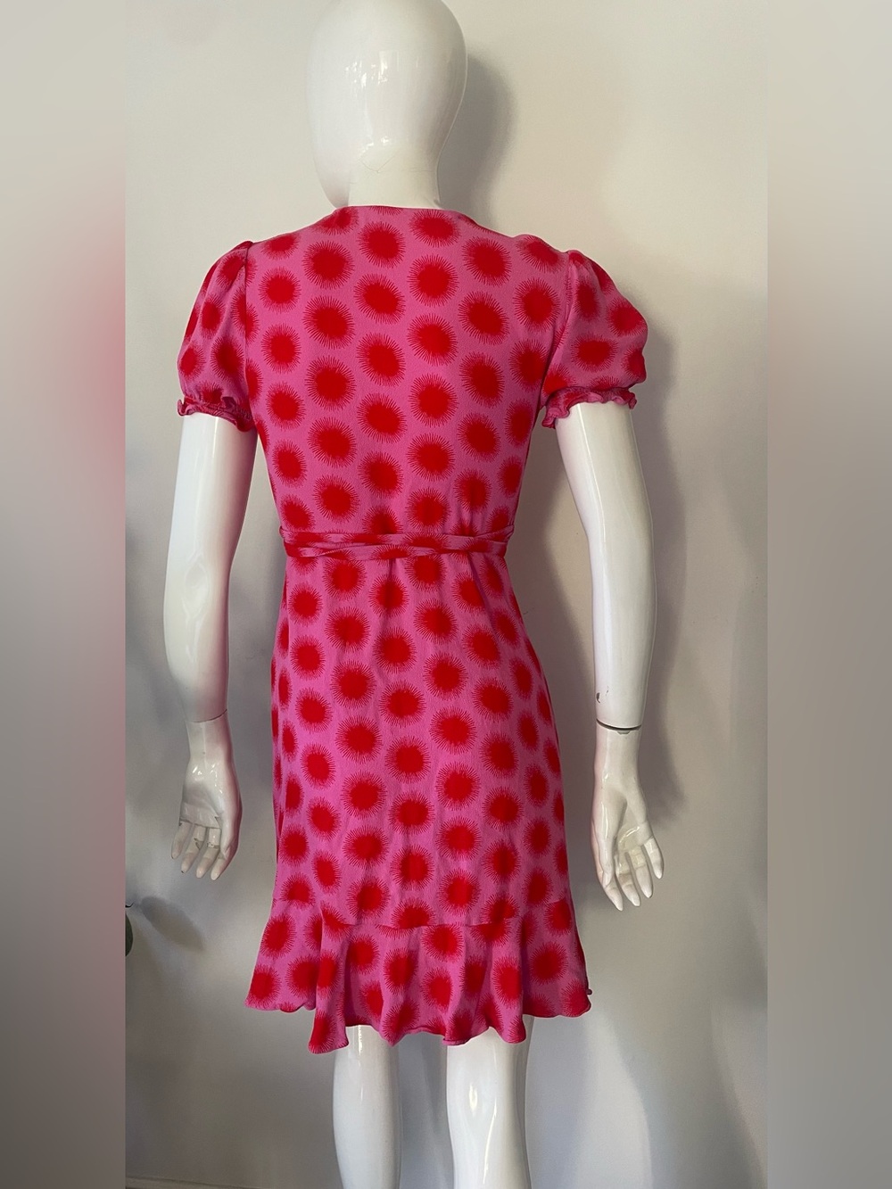 dvf Pink Wrap Mini Dress Polka Dot Print Puff Sleeve Tie Waist Size Small - Picture 3 of 8
